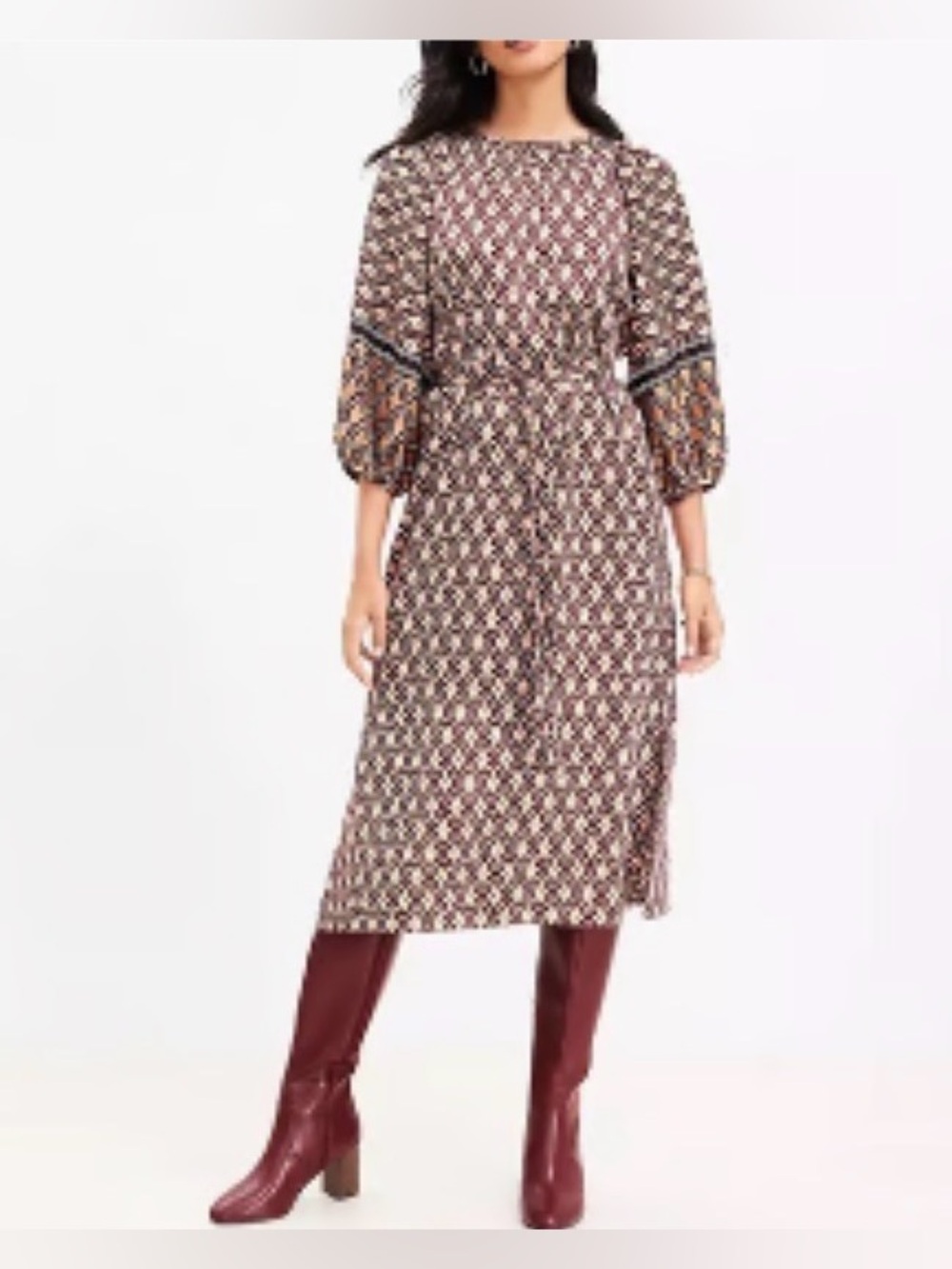 Read- LOFT Burgundy and Cream Printed Midi Dress